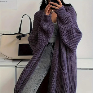 Cardigan Maglione Lavorato a Maglia a Tinta Unita Cappotto Lungo Casual a Maniche Lunghe con Spalle Scivolate <span class=keywords><strong>Abbigliamento</strong></span> da <span class=keywords><strong>Donna</strong></span> - Product Image 1