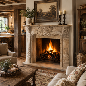 Traditional Marble <b>Fireplace</b> Mantel With Ornate Carving Classic Cream Beige marble Stone Indoor Wood Burning Hearth For Dining R - Product Image 5