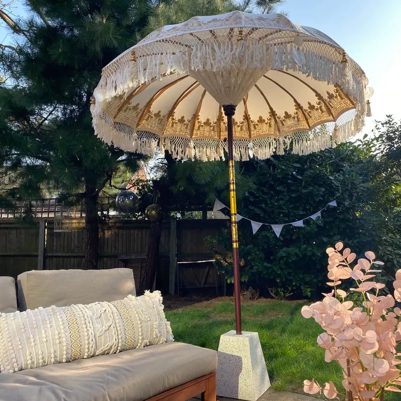 Ayarlanabilir sağlam ahşap mobilya şemsiye veranda yüzme havuzu açık bahçe püsküllü plaj şemsiyesi