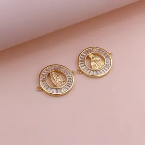 Round Shape Jesus Pattern Copper Connector Accessories Zircon Color Retention 24K Gold Plated DIY Jewelry Making Supplies