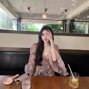 Chemisier Chic à Imprimé Floral et Manches Ballon pour Femme, en Chiffon Transparent Superposé, Style Vintage, à Nouer, Coupe Ajustée, Élastique, pour Usage Quotidien 2025 - Product Image 1