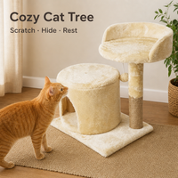Arbre à chat en peluche durable à 2 niveaux avec poteau à gratter en sisal et lit supérieur rond pour chats/chatons d'intérieur (vente en gros)