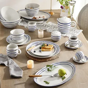 Hand-painted white blue stripe speckle stoneware dinner set luxury matte ceramic dinner plate porcelain nordic dinnerware set