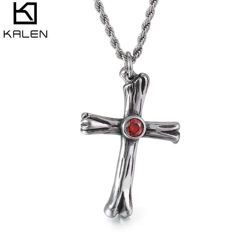 KALEN Stainless Steel Fashion Red Stone Cross Chain Pendant For Men