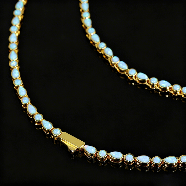 Geometric Oval Round Sky Blue Fire Opal Gemstone Tennis Chain Necklace for Women Jewelry