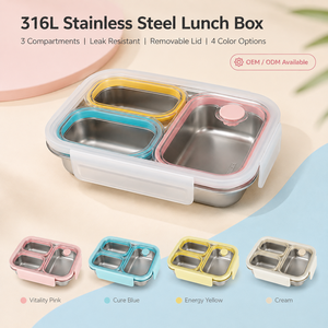 Boîte à lunch bento en acier inoxydable 316, 3 compartiments, portable, anti-fuite, avec couvercle amovible, design rectangulaire moderne pour enfants - Product Image 2