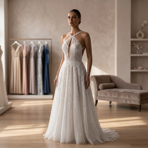 Modern Hand Beaded O-Neck Sleeveless Bridal <b>Dress</b> Crystal Embroidery Draped Satin Skirt Natural Waistline Floor-Length Sweep - Product Image 4