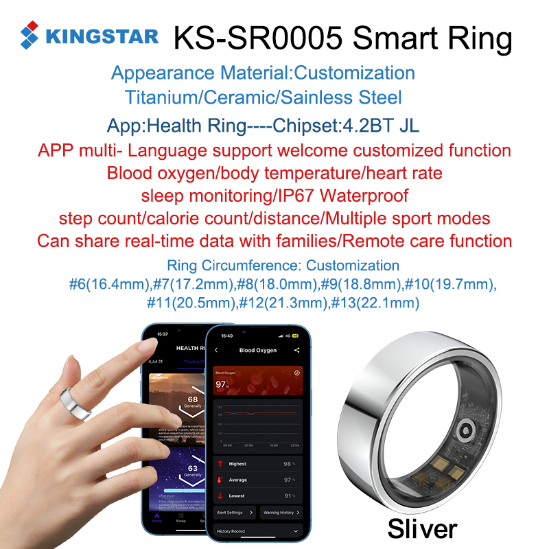 Anillo inteligente de plata KINGSTAR-SR0005-AI para salud, sueño y fitness