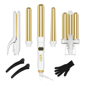 Professional Hair Styling Tools Hair Straightening Curler Wand 5-in-1 Curling Iron Set with 3 Barrels Flat Iron and Crimper