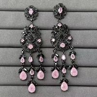 Parure de bijoux TIANSHE noire et rose, style Lolita vintage, boucles d'oreilles pendantes à pompons élaborés et bague ouverte, accessoires de luxe pour banquets