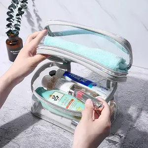 Wasserdichter Make-up-Wasch beutel Rosa tragbare tragbare benutzer definierte Doppels chicht quadratische transparente PVC-Aufbewahrung Toilette Kosmetik tasche