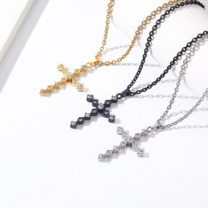 yunnique style diamond-encrusted cross <b>titanium</b> steel necklace, elegant and stylish women's clavicle <b>chain</b>, colorfa - Product Image 3