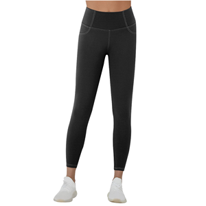 Leggings de yoga taille haute noir uni, longueur intégrale, avec surpiqûres contrastées, extensibles dans les quatre sens, en Spandex et Nylon - Product Image 1