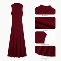 Robe longue maxi en maille bordeaux personnalisée pour femme, col montant, sans manches, coupe trapèze
