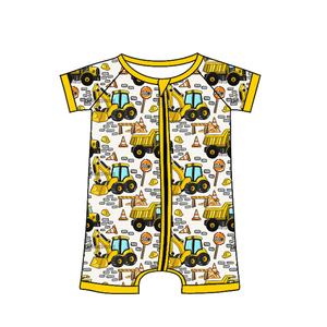 SR4180 Custom Infant baby kids wholesale Yellow excavator <b>print</b> romper short sleeve jumpsuit child boy romper - Product Image 1