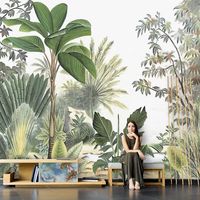 Wallpaper Daun Palem Pisang Tropis Mura Wallpaper Alam Kustom untuk Dekorasi Dinding Latar Belakang Ruang Tamu Kafe Hotel Kamar Tidur