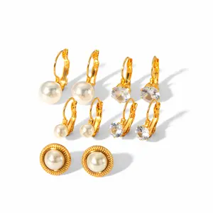Pendientes colgantes de joyería de acero inoxidable hipoalergénicos hechos en China baratos, pendientes de perlas de aro impermeables para mujer