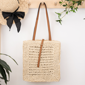 Bolsa de Praia de Palha Vintage de Grande Capacidade para o Verão, Feita à Mão, Crochê, Bolsa de Viagem Quadrada com Cinto - Product Image 2