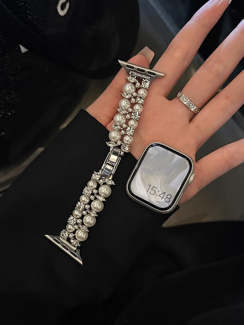 Luxury Women Quick Release Diamond Pearl Band for Apple Watch Series 11 10 9 Woman Pearl Bracelet Strap Wrist Smart Watch Bands