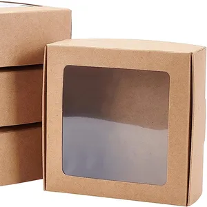 Kotak kertas Kraft cokelat persegi 9.5x9.5x3.5cm dengan jendela bening untuk kemasan perhiasan roti rasa pesta