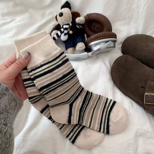 Calcetines hasta media pantorrilla para mujer, calcetín térmico cálido de algodón a rayas para jóvenes de 18 a 40 años, marrón, negro, azul, gris, café, gris, azul - Product Image 2