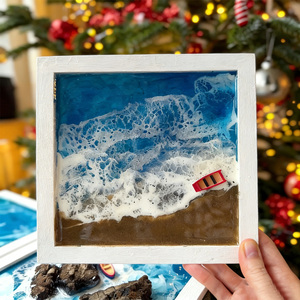 Handgefertigtes 3D-Meereschaum-Epoxidharz-Gerahmtes Bild, Mehrgrößiger Holzrahmen Ozean-Landschaft Wandbehang Küsten-Boho Inneneinrichtung - Product Image 3