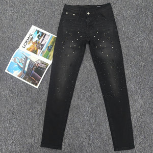 Pantalones vaqueros de <span class=keywords><strong>hombre</strong></span> de corte alto con doble rodilla de diamantes de imitación, estilo Hiphop Oversize, con efecto de goteo en la parte inferior y diseño de diamantes de moda - Product Image 3