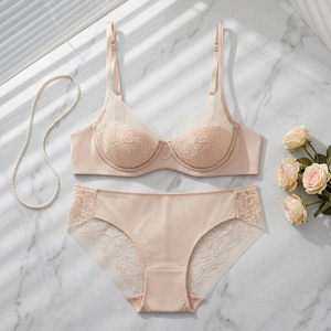Conjunto de Lencería de 2 Piezas para Mujer, Talla Grande, con Sujetador con Aros y Braguitas de Cintura Media, con Encaje Floral Elegante, Venta al Por Mayor - Product Image 1