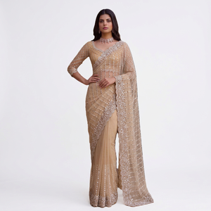 Sari élégant beige en résille avec broderie de perles, séchage rapide, pour mariage et soirée, style Bollywood, coupe classique, longueur ras du sol - Product Image 1