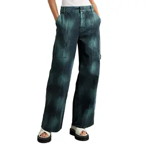 Alta calidad de encargo de las mujeres de la vendimia de lavado Tie-Dye Cargo pantalones vaqueros de pierna ancha Casual Baggy Big Pocket Ladies Party Office Jeans de pierna ancha