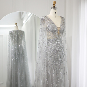 Luxury Dubai <b>Turquoise</b> Mermaid Sequined Evening Dresses Cape V-Neck Arabic Silver Grey Wedding Party Gowns 3D Pleat A-Line - Product Image 6