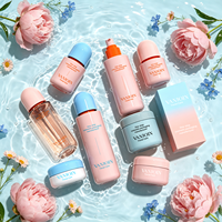 Nouvel ensemble de flacons et pots cosmétiques vides uniques en gros pour soins de la peau, flacons cosmétiques en verre rose avec boîte