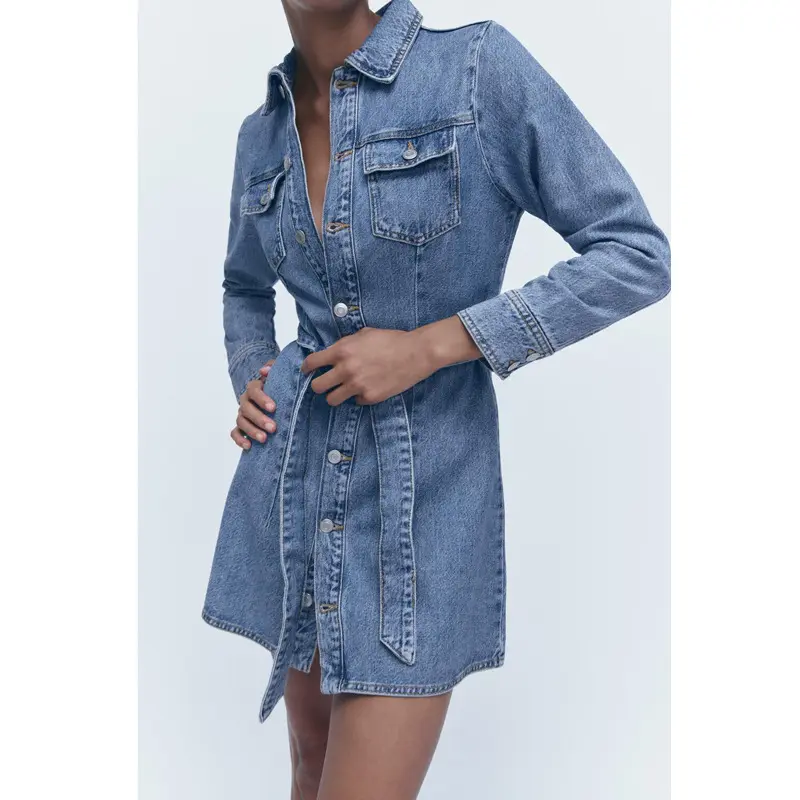 Spring New Fashionable Denim Shirt Dresses Women's Casual Straight Vintage Short Dress Round Neck Wash Old Denim Dresses