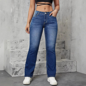 Women's Dark Blue High <b>Elasticity</b> Straight Leg <b>Jeans</b> Medium Stretch Crouching Waist Japanese Korean Leisure Style Europe - Product Image 3
