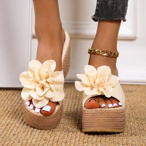 2025 Korean Version One Line Dragging Sponge Cake Slope Heel Thick Bottom Cool Dragging Bohemian Flower <b>slippers</b> - Product Image 4