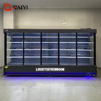 Réfrigérateur commercial ouvert avec porte coulissante en verre, économie d'énergie, vitrine réfrigérée pour fruits et légumes de supermarché