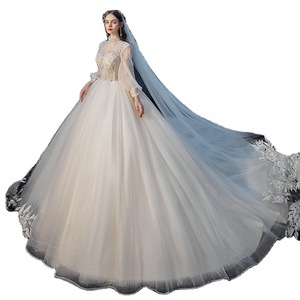 Elegant Bridal Wedding Dress Ball Gown High Neck Long Sleeve Tulle Empire Waist Vintage Style With Train - Product Image 5