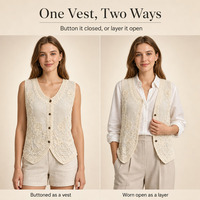 Gilet en crochet personnalisé OEM ODM pour femme, sans manches, tricoté, avec dentelle florale, perles, ourlet à franges, ajouré, pour le bureau et les trajets quotidiens