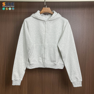 Sweat-shirt pour femme SUHE OEM ODM anti-rétrécissement avec logo frontal, coupe courte, fermeture éclair intégrale, poche kangourou et ourlet côtelé - Product Image 4