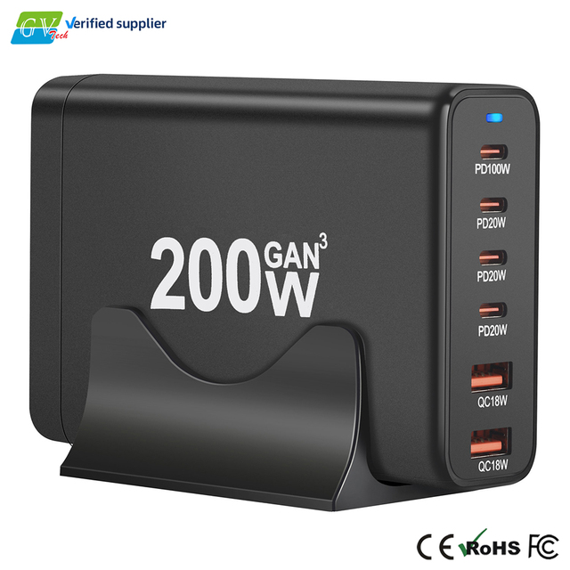 200W USB-C Fast Charger Hub GaN PD Desktop 6-Port for Tablet & Laptop with Camera Support Eco-Friendly Power Adapter