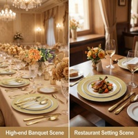 Assiettes jetables élégantes en PS doré à motif quadrillé pour réceptions de mariage, fêtes d'anniversaire, ouvertures scolaires et célébrations