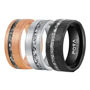 Poya Men Promise Jewelry 8mm Black Silver Rose Gold Hammered Flat Brushed Real Meteorite Shaving Tungsten Rings For Wedding