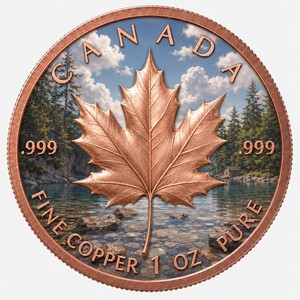 Pièce de monnaie plaquée or en cuivre pur 99,9 % de 1 oz, motif paysage moderne classique feuille d'érable du Canada, relief 3D, impression UV, ronde, de collection - Product Image 1