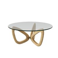 Table basse design nordique simple pour salon, en bois massif et verre trempé, ronde, écologique et durable