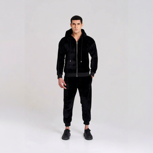 Survêtement à capuche en velours noir pour homme, fermeture éclair intégrale, poches latérales, vêtements décontractés d'hiver - Product Image 1