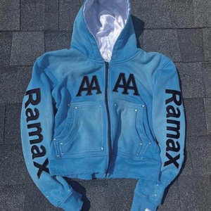 Sudadera con capucha y cremallera personalizada estilo streetwear vintage, desgastada, rasgada, de corte holgado y corto, con bordado, pedrería, lavado ácido y efecto descolorido por el sol - Product Image 1