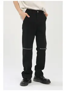 Quality Jean Hombre 2023 Men's Trousers Zip Knee Hole Design Mens Jeans With Zippers Streetstyle Black Jean Boyfriend