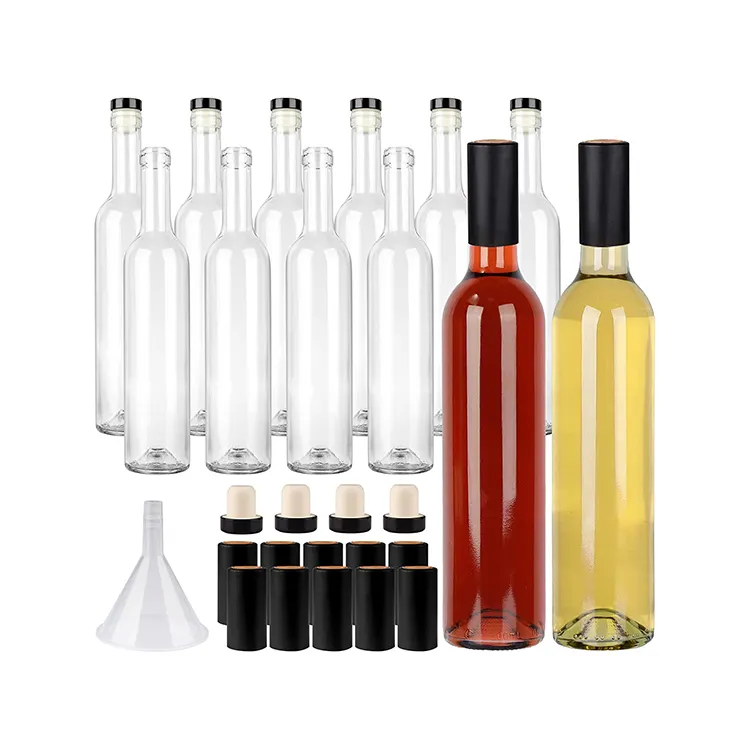 Custom 16oz Clear Glass Bottles with Cork Lids and PVC Shrink Capsules 500 ml Empty Home Brewing Wine Bottles with Funnel