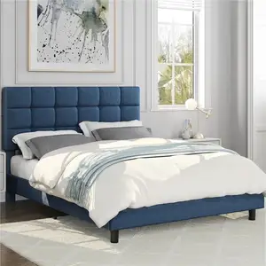 简单特大床框架亚麻全尺寸软垫床图片可调节省空间平台床架特大尺寸