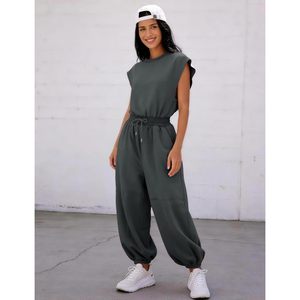 Combinaison décontractée pour femme, col rond, manches courtes, taille haute, pantalon large, tenue une pièce avec poches, printemps été, respirante - Product Image 6